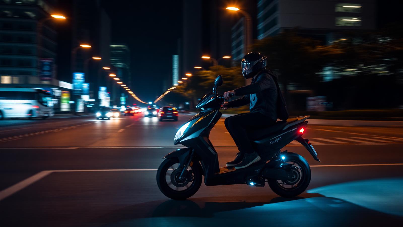 Rider on a ZUSTEV electric scooter on a city road at night